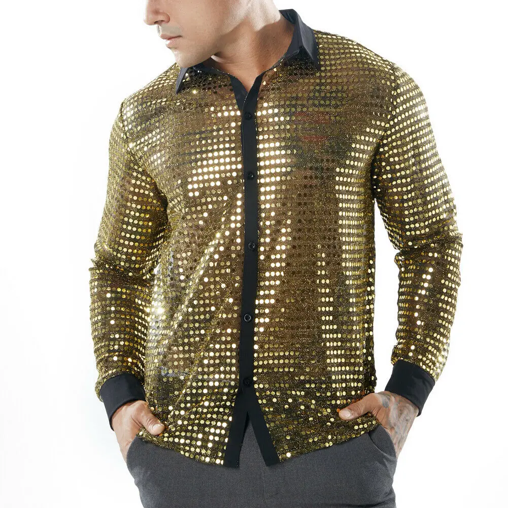 Hirigin 2019 Men Long Sleeve Shirt Dot Scales Nightclub Lapel Casual Blouse Fitness | Мужская одежда