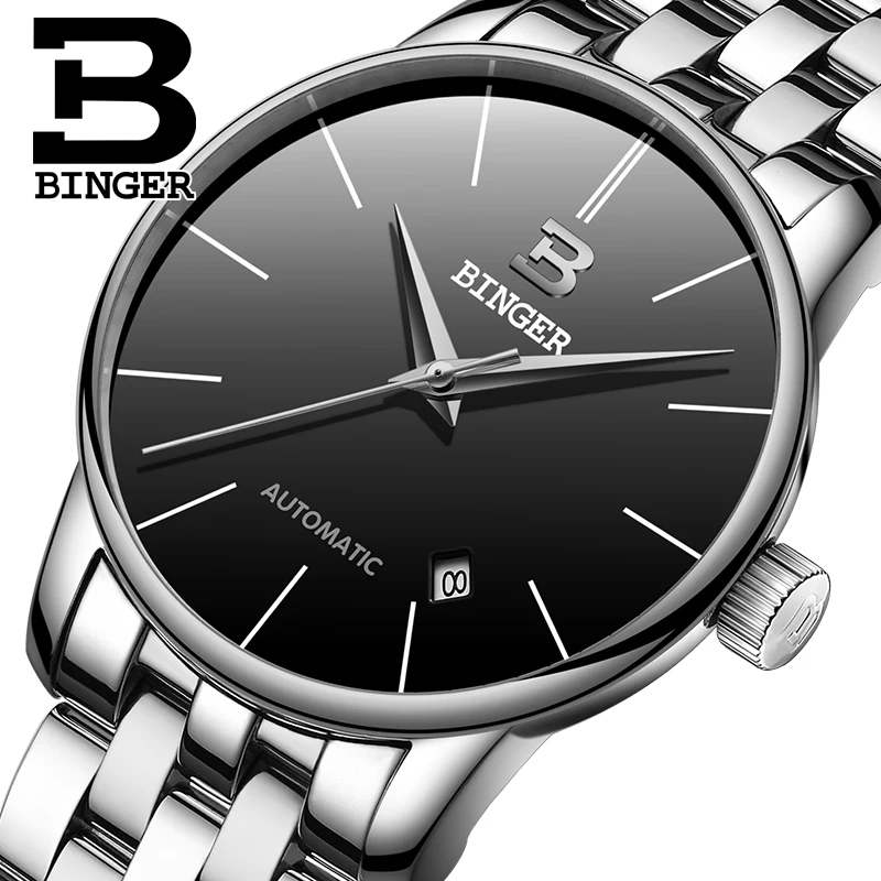 2016 New Black Mens Simple WristWatch Stainless Steel Casual Automatic Clock Mechanical Watches Male BINGER Gift Calendar