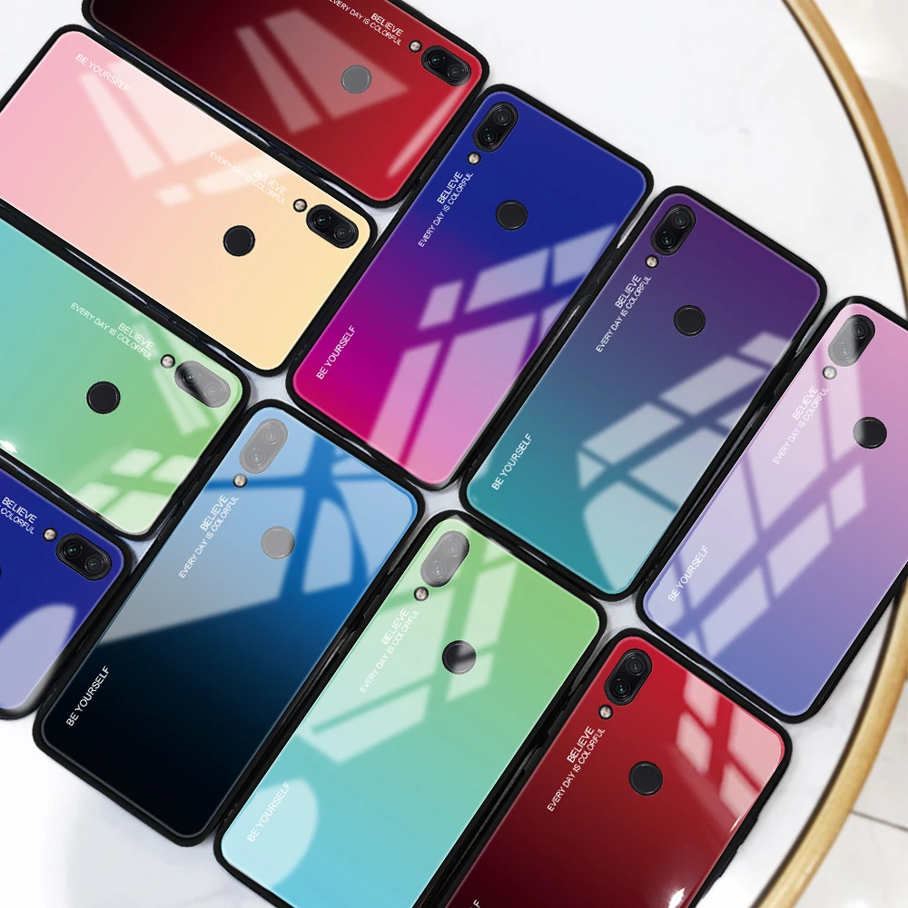 Градиент закаленное Стекло чехол для телефона Xiaomi Redmi Note 7 6 Pro 5 плюс крышка Shell Mi A2