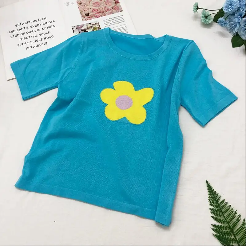 Blue Женские трикотажные однотонные тонкие футболки с круглым вырезом и коротким рукавом для девочек, вязаные большие эластичные свободные футболки, топы FL1369 - Цвет: Blue