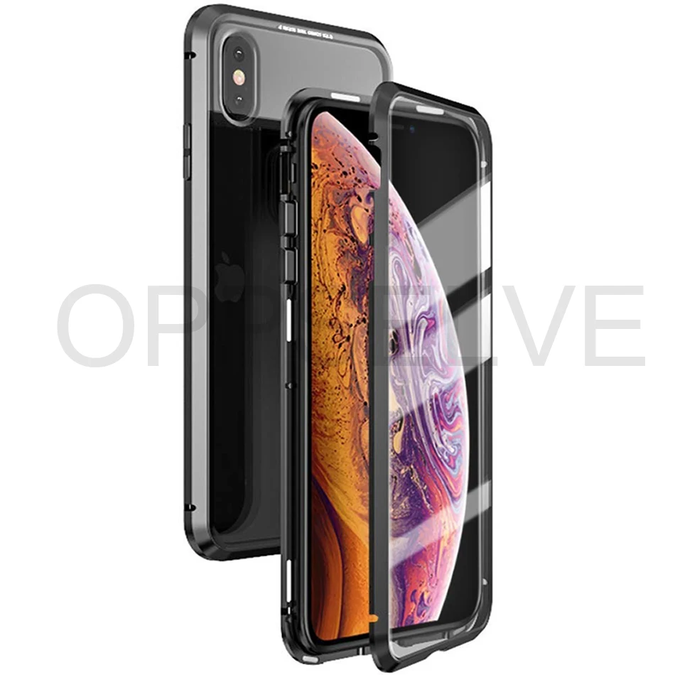 Двухсторонняя, для стекла Магнитный чехол для iPhone XS Max XR X 7 8 плюс Роскошный Металлический 360 градусов Полная защита чехол iPhone X S R