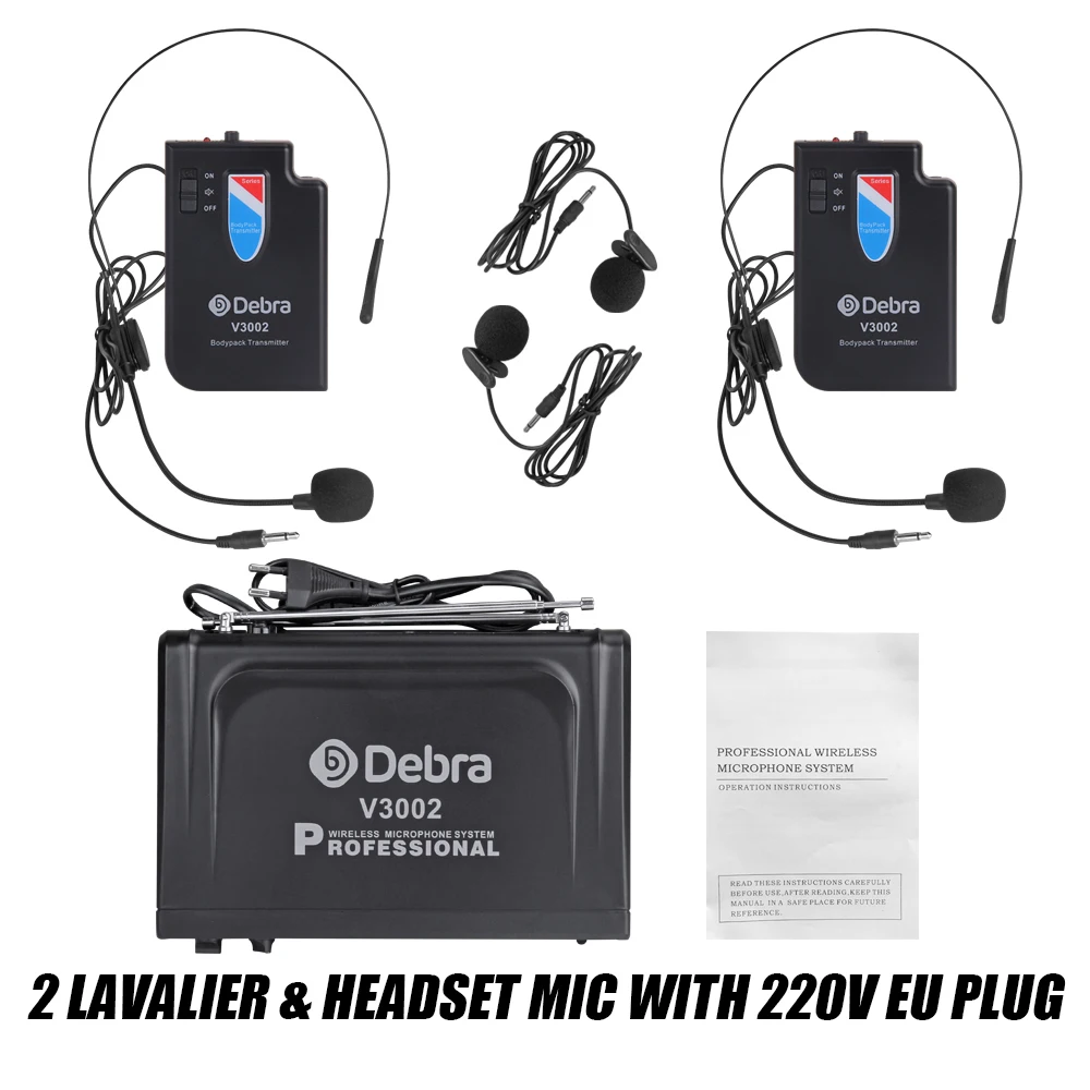 With Headset-EU-Plug Debra аудио V3002 VHF беспроводной двойной петличный/гарнитура микрофон микрофонная система для свадьбы, караоке, деловых встреч - Цвет: With Headset-EU-Plug