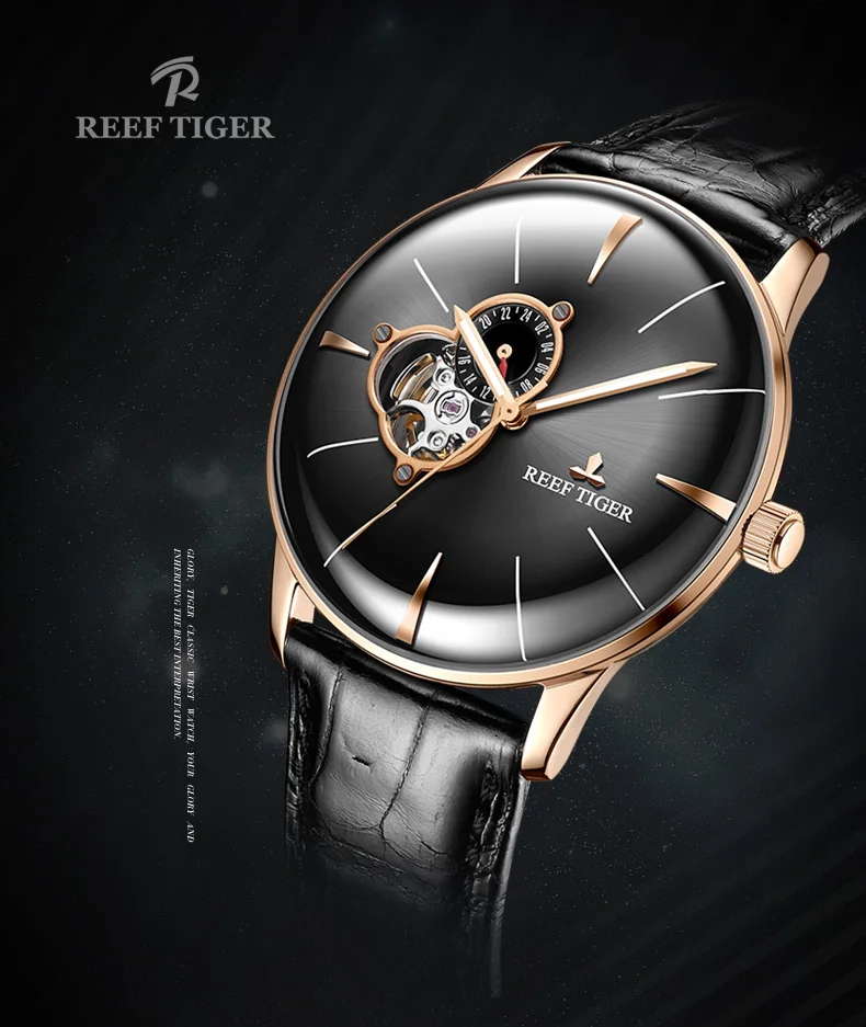 Reef Tiger/ мужские нарядные часы Топ бренд класса люкс автоматические из натуральной кожи розовое золото Аналоговые водонепроницаемые часы Relogio Masculino
