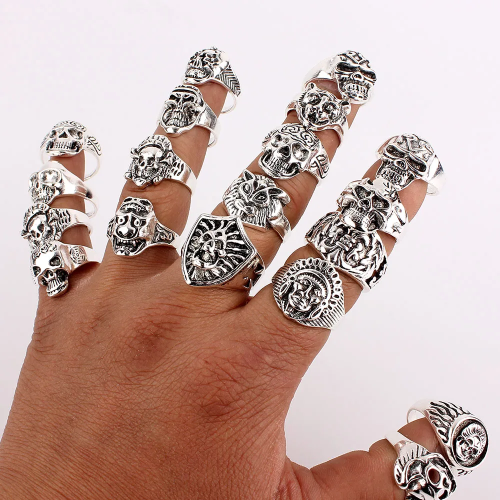 Модные большие мужские кольца серебряного цвета под старину 50 шт. оптом для