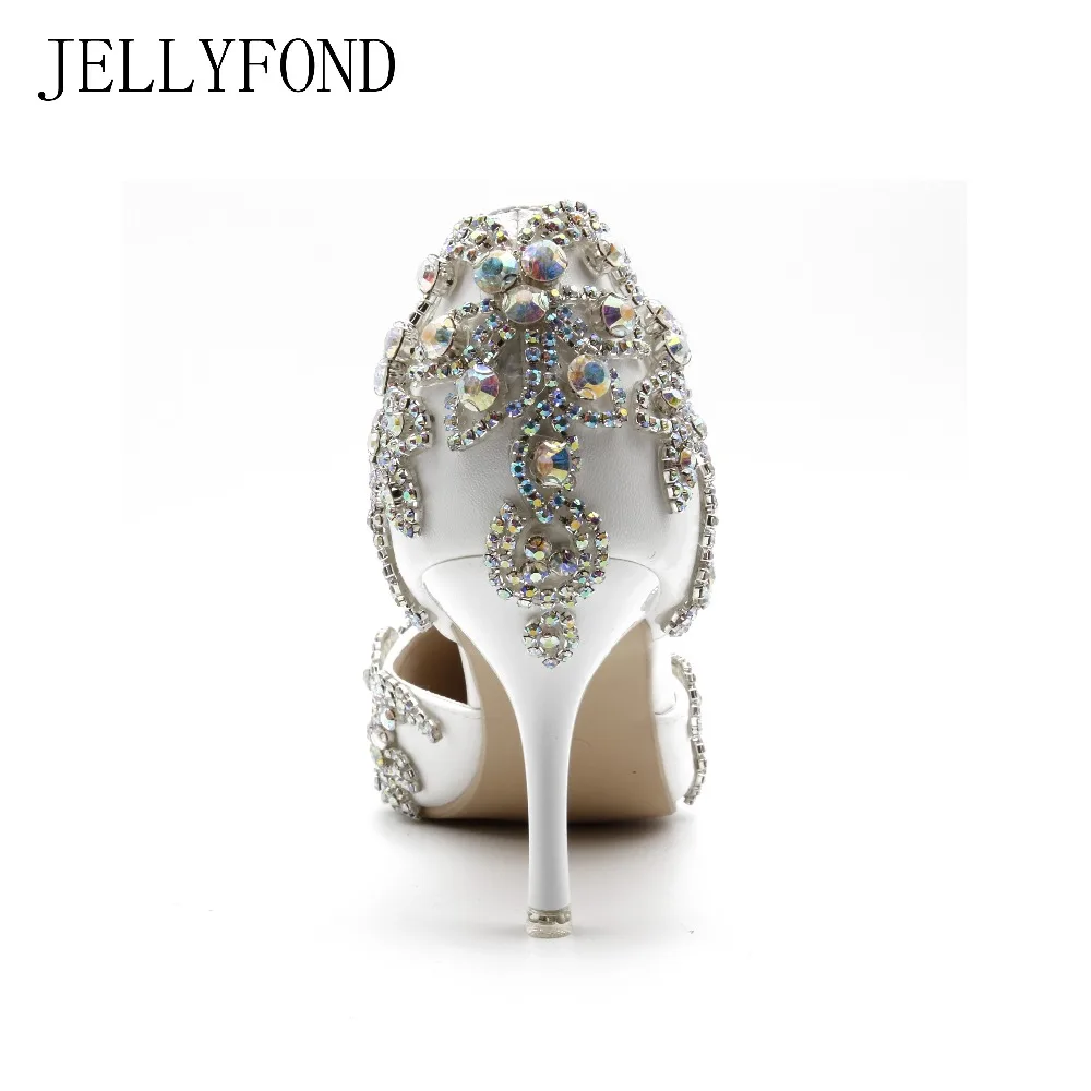 JELLYFOND Luxury White Crystals Women High Heels Pumps Bling AB Rhinestones Diamond Wedding Shoes Bridal Party Dress Shoes Woman