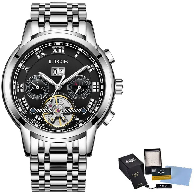 Silver black Relogio masculino LIGE Топ бренд класса люкс карнавал турбийон часы для мужчин нержавеющая сталь автоматическая машина Водонепроницаемый Бизнес часы - Цвет: Silver black