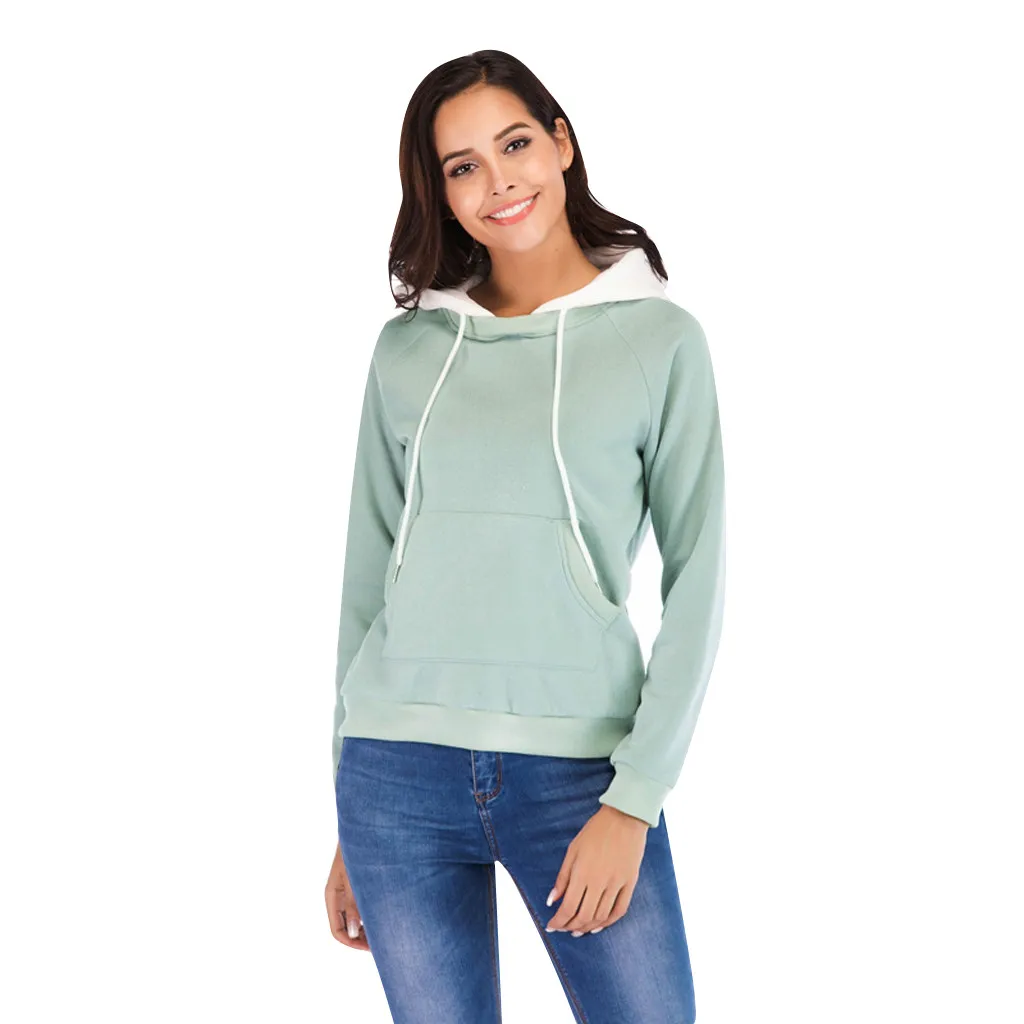 

FREE OSTRICH Women's autumn stitching contrast color long sleeve plus velvet head sports casual color and velvet hooded sweater