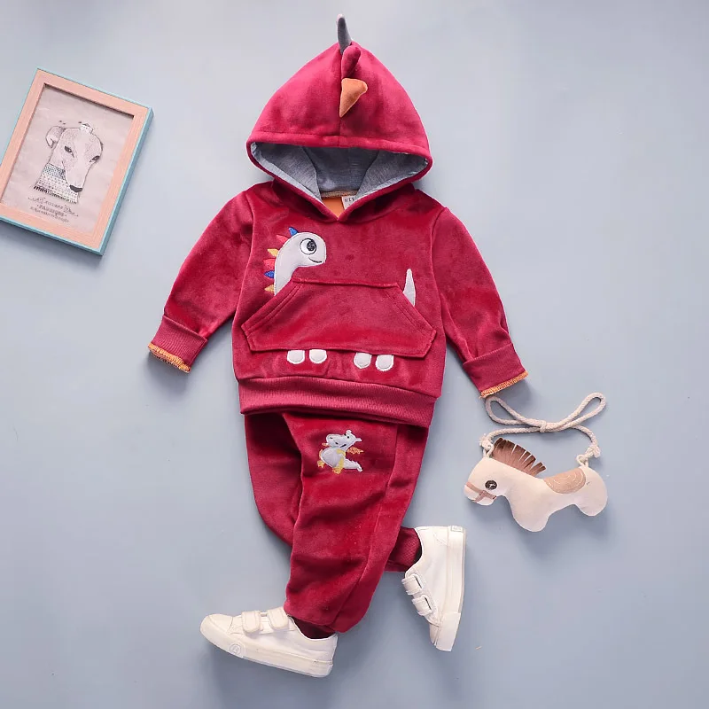 Winter Baby Clothes Set Long Sleeve Fleece 1-3Y Cartoon Boys Hooded sweatshirt+ velvet Pants Thick Warm Suits |