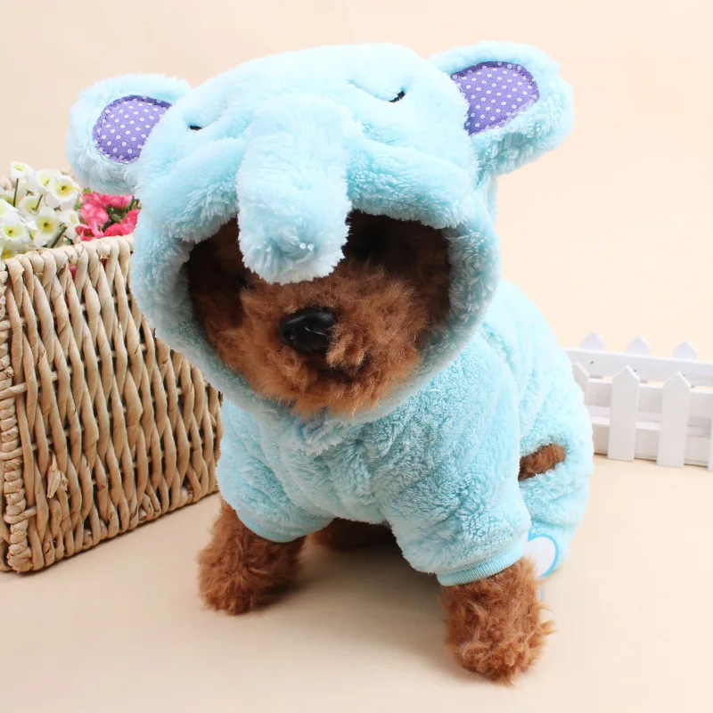 Милый слон собака комбинезон с капюшоном костюм Blue зимние теплые флисовые Dog