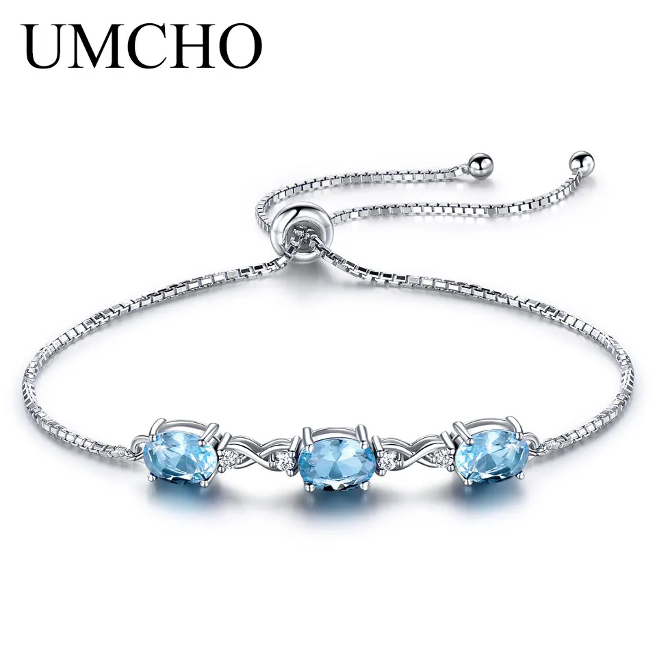 UMCHO Famous Brand Real 925 Silver Bracelet Oval Natural Sky Blue Topaz Bracelets Free expansion Romantic Jewelry For Women Gift | Украшения