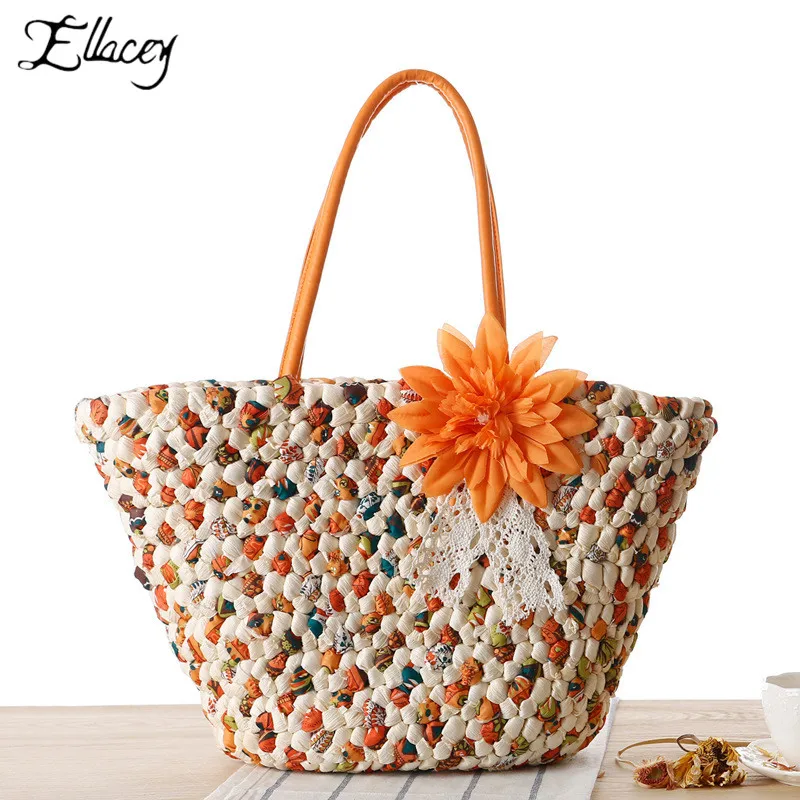 Summer Bags Casual Women Straw Beach Bag Hand Made Colorful Flower Decoration Woven Handbag Rattan For | Багаж и сумки