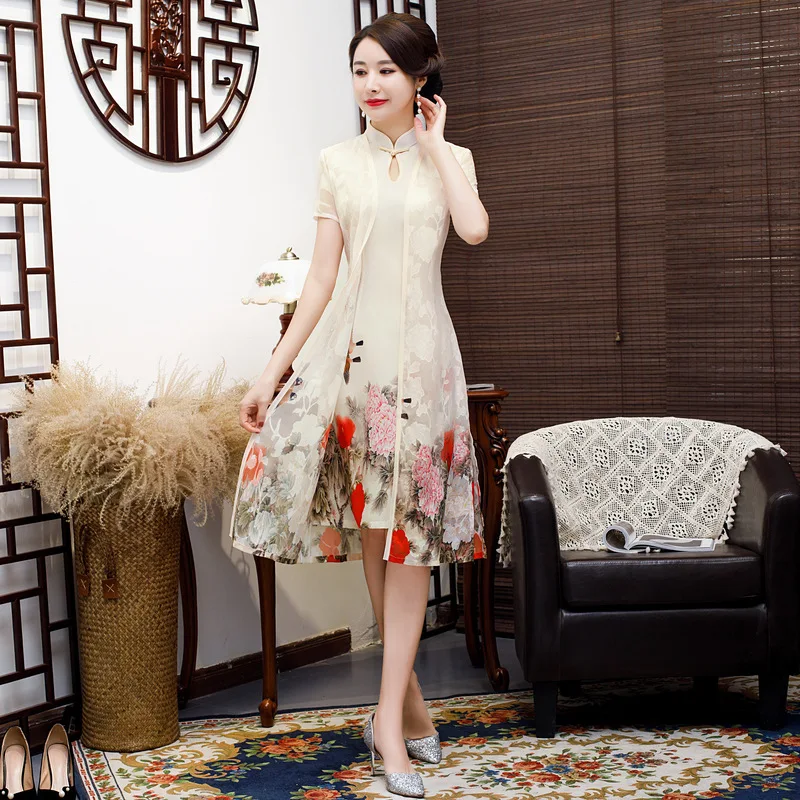 Бежевое винтажное платье в китайском стиле, 2 шт., Aodai Qipao, короткое платье Чонсам с принтом, женское традиционное китайское платье, размер M-4XL