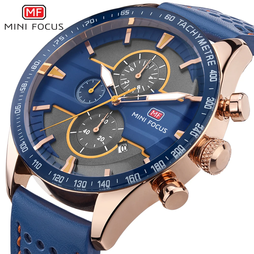 

MINI FOCUS Royal Business Quartz Watch Men Leather Strap 3 Sub-dial 6 Hands Chronograph Mens Watches Top Brand Luxury Best Gift