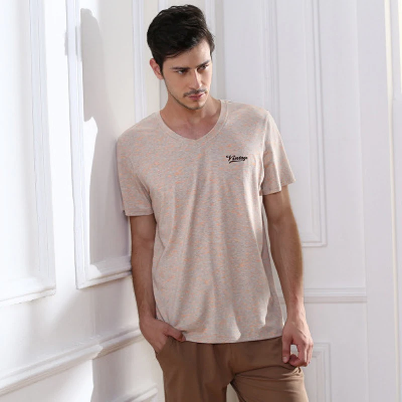 100% cotton summer men's pajamas short sleeve home clothing o-neck strip men night sleepwear men's sleepwear