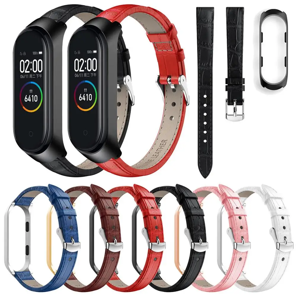 Сменный кожаный ремешок для наручных часов + металлический корпус Xiaomi Mi Band 4