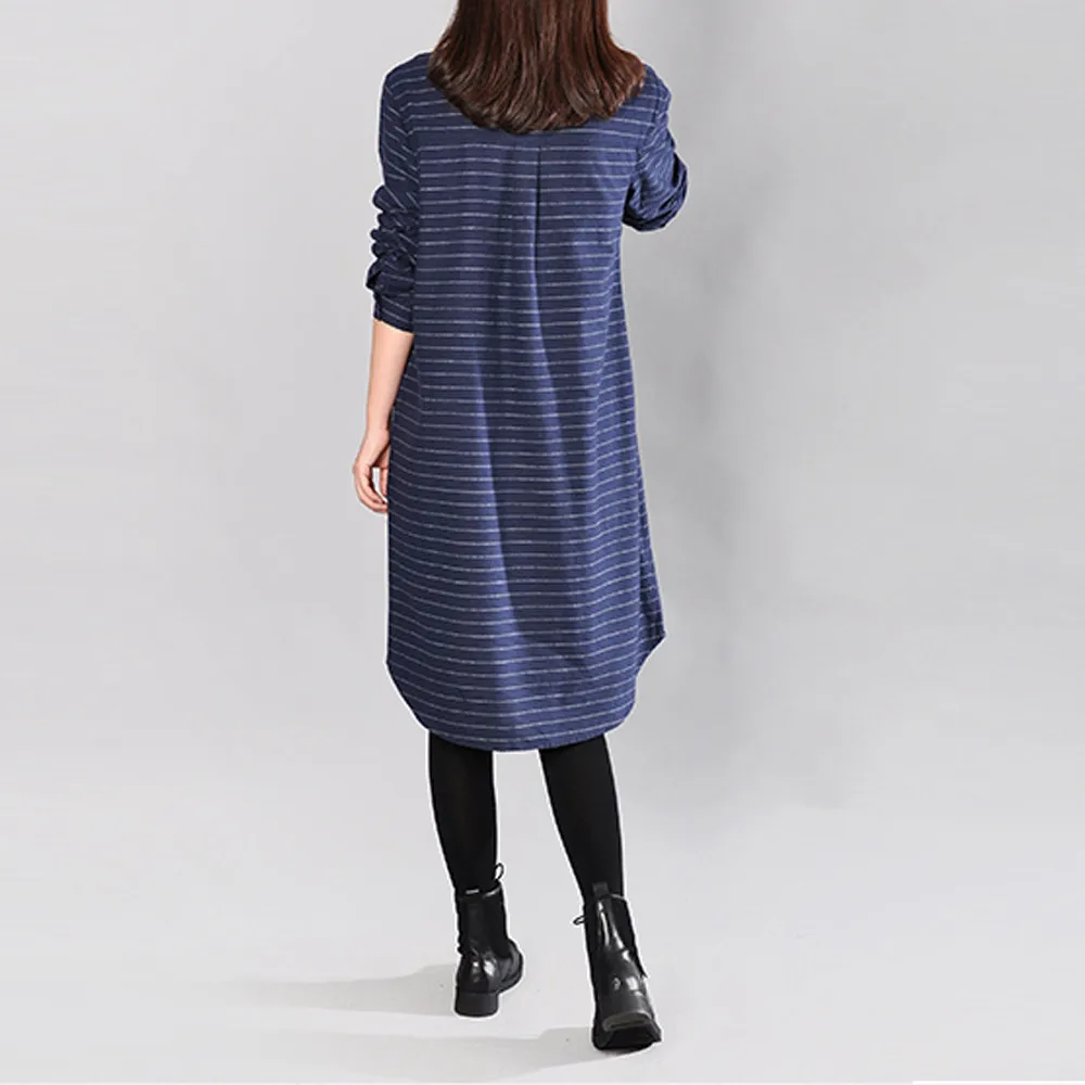 Women Stripe Cotton And Linen Long Sleeves Loose Section Dress 2018 women's summer clothes vestido verano | Женская одежда