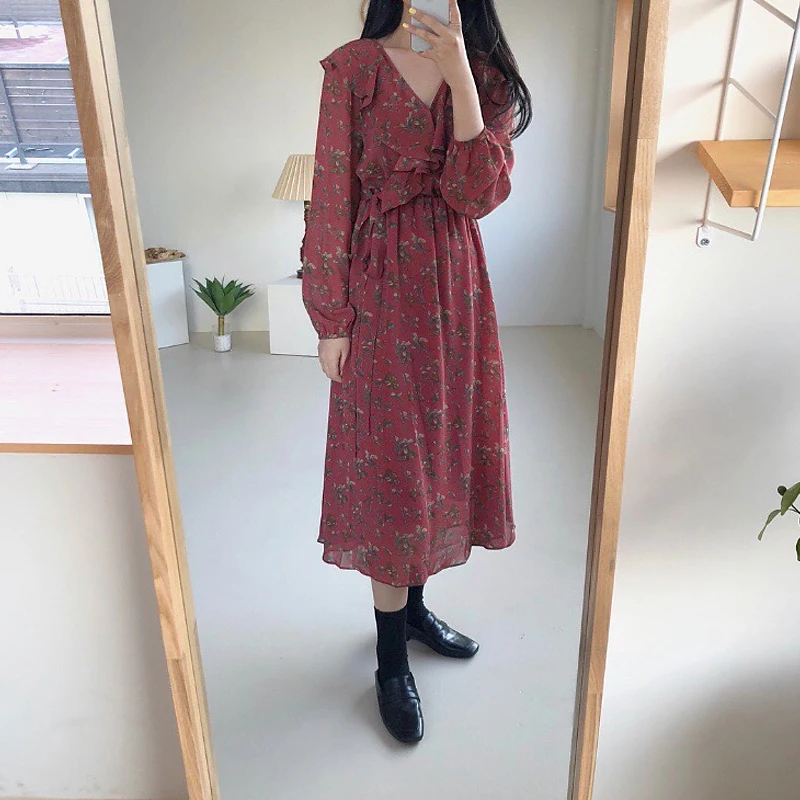 Женские платья Ins Girl Kawaii Ulzzang шикарное Плиссированное Цветочное платье с длинным