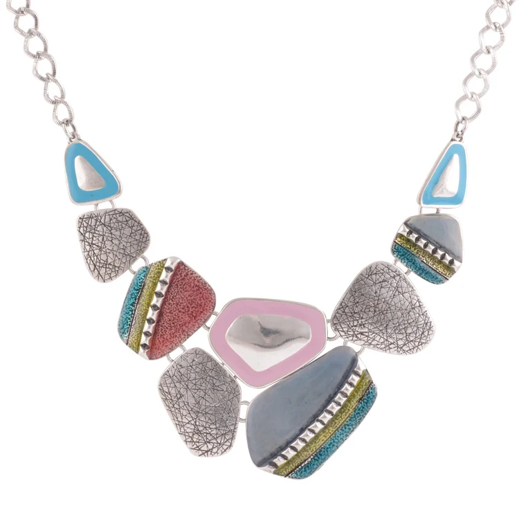 silver Модные Этнические винтажные античные посеребренные красочные эмалированные геометрические кулоны колье массивные ожерелья бижутерия - Окраска металла: silver