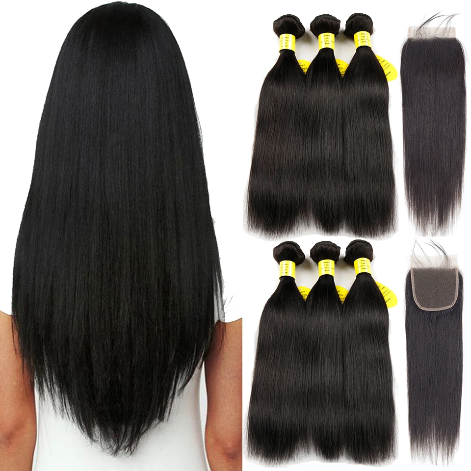 Queenlike Products Human Hair Weave Bundles With Closure Non Remy Weft 3/4 Bundles Brazilian Straight Hair Bundles With Closure