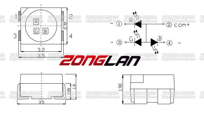 Для 1000 шт RGB POWER TOP 1210 3528 SMD SMT PLCC-2 LED красный зеленый синий новый общий анод MUXINLIGHT |
