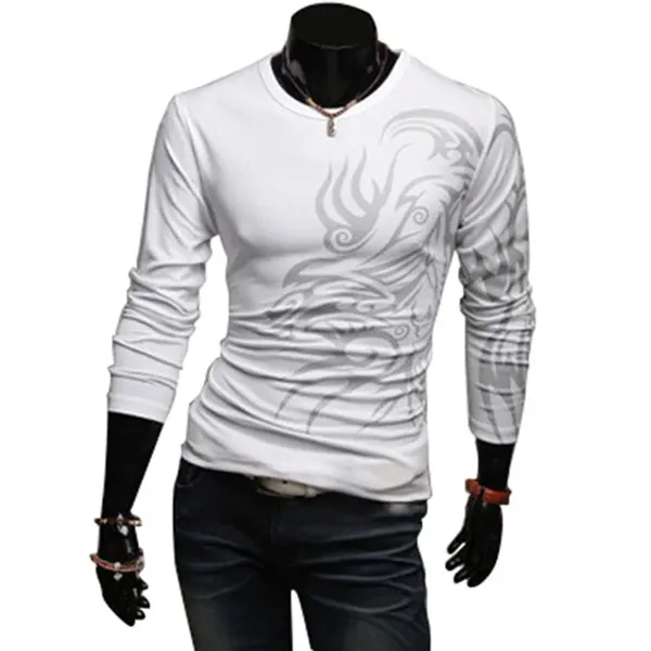 Мужская футболка с длинным рукавом круглым вырезом и принтом дракона|long sleeve