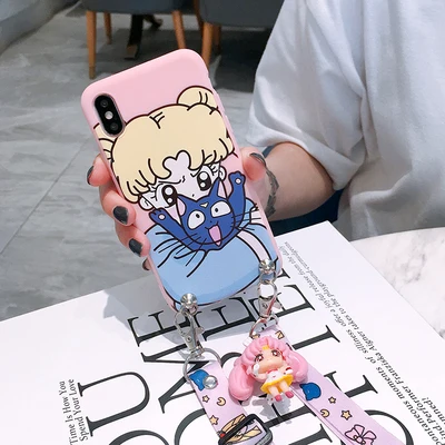 As shown in Для iPhone XR милый 3D Сейлор Мун чехол для телефона для iPhone X XS Max 4S 5S SE 6S 6plus 7plus 8 plus мультяшная задняя крышка+ ремешок+ игрушка - Цвет: As shown in