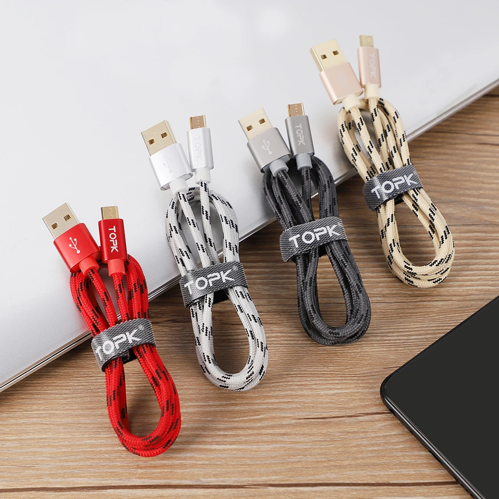TOPK Micro USB кабель с металлической оболочкой Позолоченный разъем плетеный провод для samsung/sony/Xiaomi/Android телефон