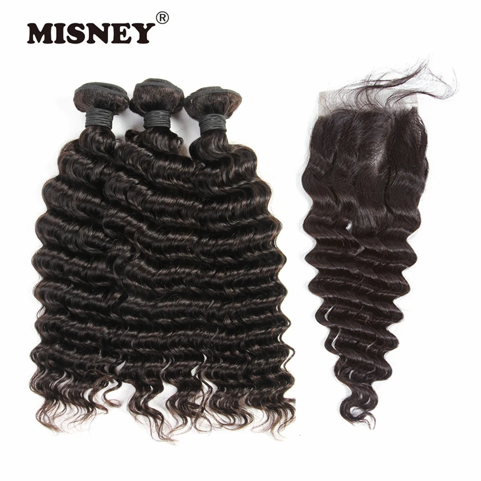 

Hair Bundles Deep Wave With 4x4 Lace Closure Brazilian Non Remy Human Hair Extensions With Baby Hair Natural Color