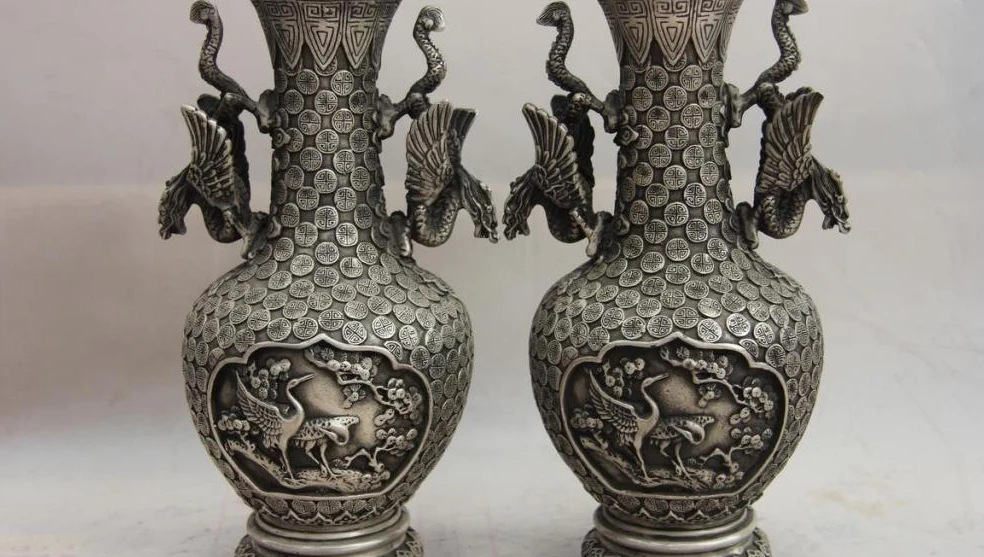 

China Copper Silver Dragon Phoenix Red-crowned crane plum blossom Vase Pair