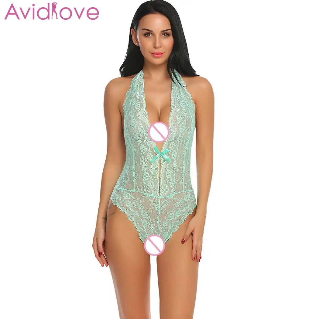 Avidlove женское сексуальное нижнее белье Горячее Эротическое Боди Тедди Кружевное боди с вырезами Ночное белье с бретельками спереди сексуальное ночное белье с цветочным рисунком - Цвет: Green