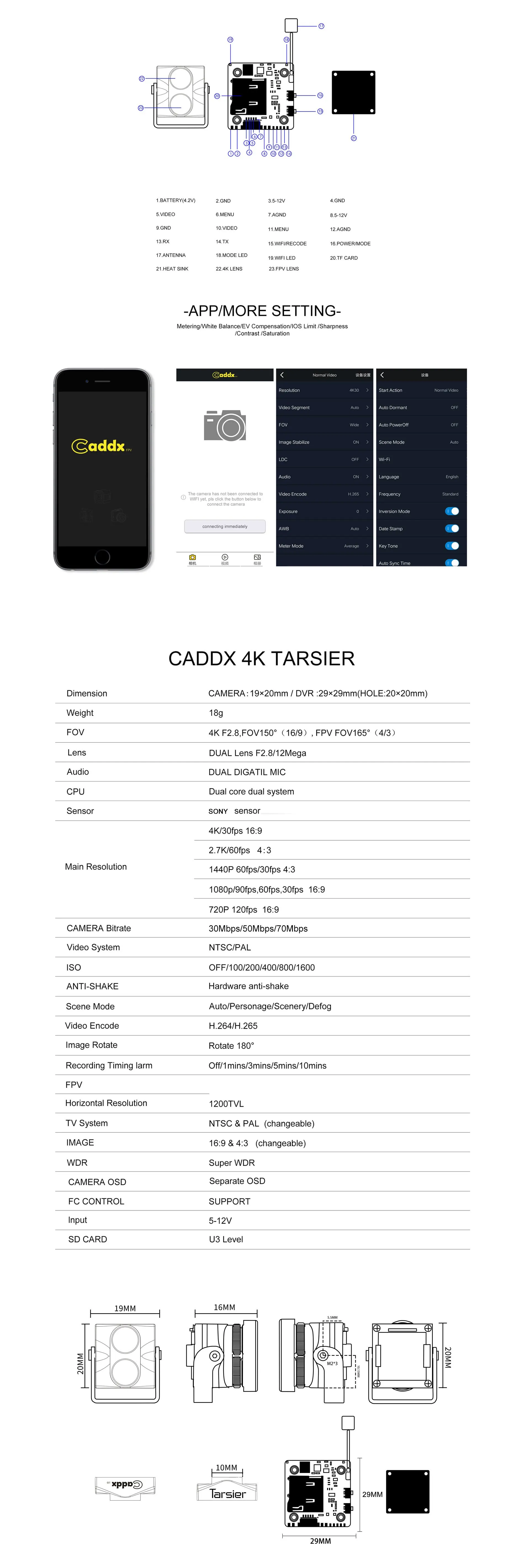 Caddx Tarsier 4K 30fps 1200TVL двойной объектив Супер WDR WiFi Мини FPV камера HD Запись DVR двойной аудио OSD для RC беспилотный самолет