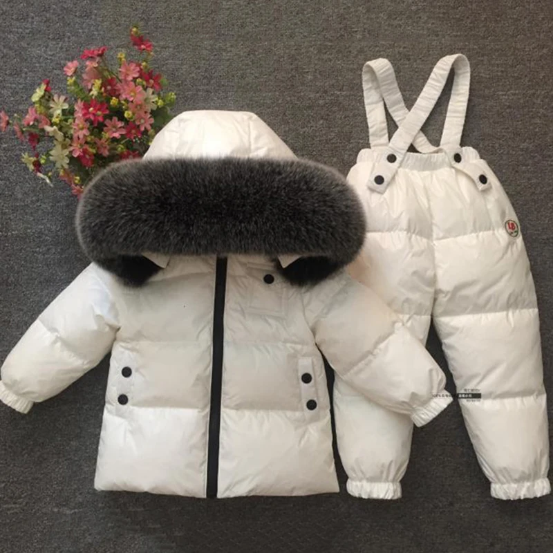 Детский зимний комбинезон для русской зимы, роскошный Теплый водонепроницаемый лыжный костюм с натуральным мехом для мальчиков и девочек, пуховое пальто+ комбинезон
