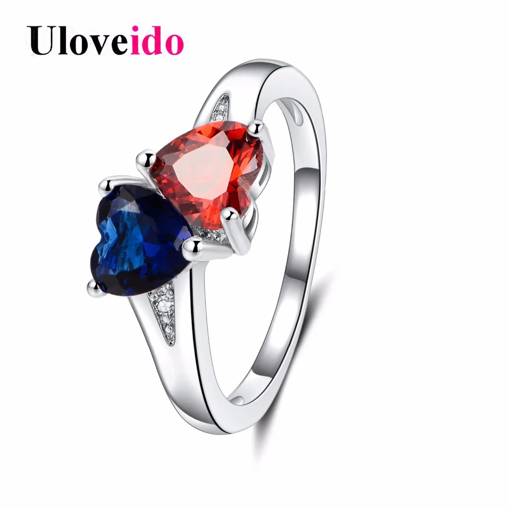 Женское Обручальное Кольцо Uloveido с синим и красным кристаллом в форме сердца