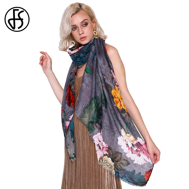 

FS Peony Flower Winter Long Soft Women Cotton Linen Scarves Scarfs Floral Print Foulard Femme Ladies Shawls Hijab Large Pashmina