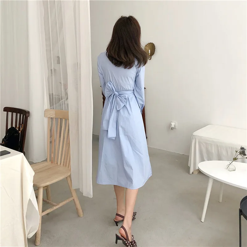 2018 Vintage Asymmetrical Long Sleeve Shirt Dress Women Back Bow with Sashes Korean Chic Yellow Blue Woman Casual Spring | Женская