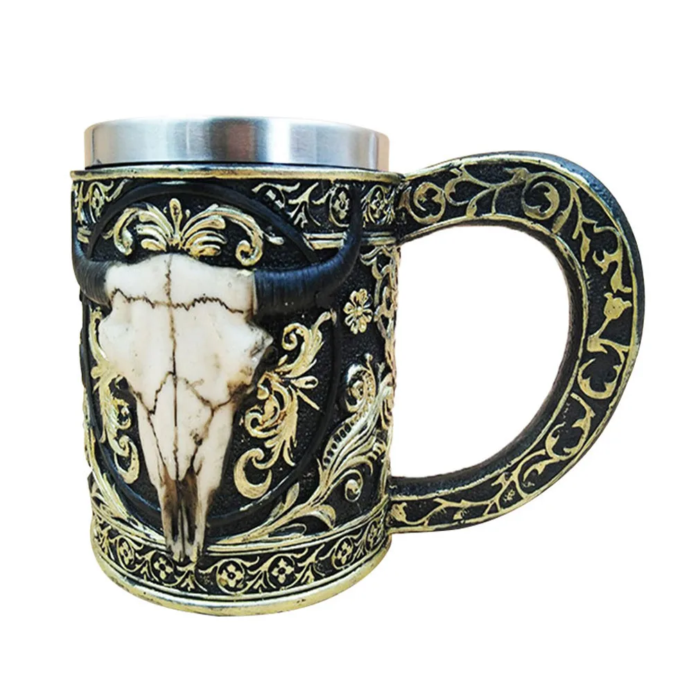 3D creative personality cow head mug Halloween Tankard Coffee Mug Cup Cool Stainless Steel Tea hot Skull Gift 4.30 | Дом и сад