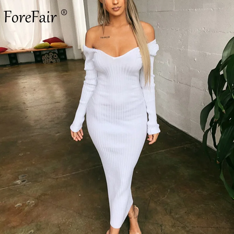 White Dress Forefair, трикотажное платье миди, для женщин, осень, v-образный вырез, базовый, тонкий, в рубчик, с длинным рукавом, облегающее, одноцветное, черное, белое, сексуальное, зимнее платье - Цвет: White Dress
