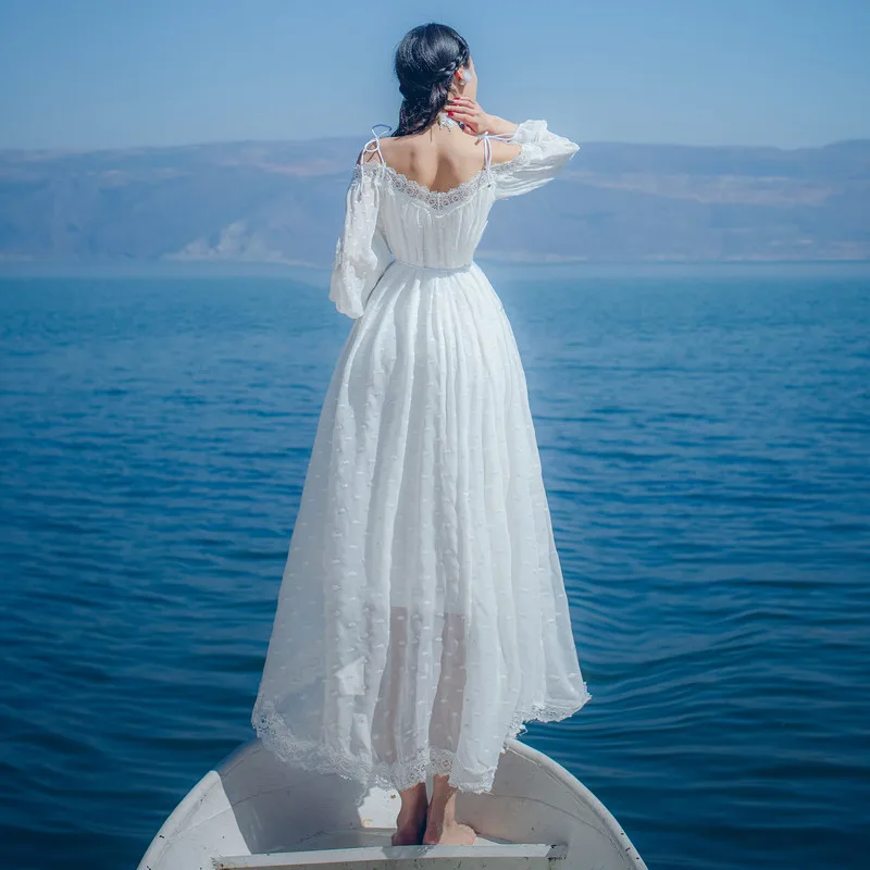 Женское длинное кружевное платье YOSIMI Белое Шифоновое Платье макси с открытыми