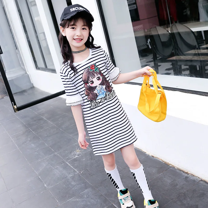 Kids Girls Dress Cotton Striped Short sleeve Clothing summer Casual Children 4 5 6 7 8 9 10 11 12 13 14 Years | Детская одежда и