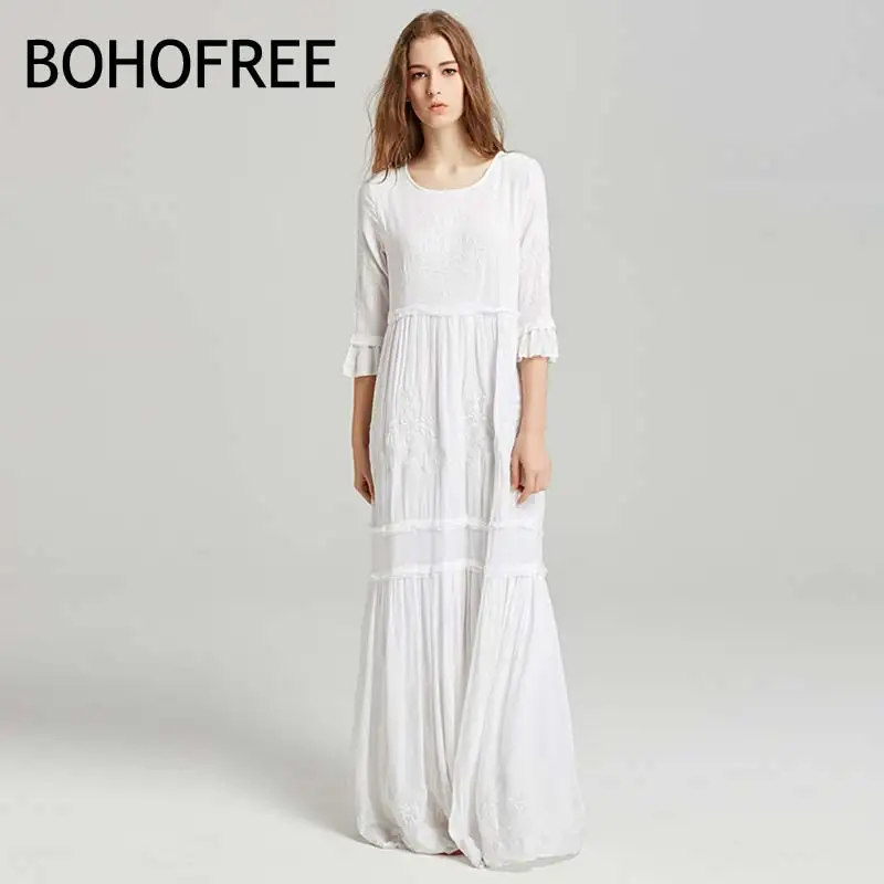 Женское пляжное платье BOHOFREE длинное макси с круглым вырезом и цветочной вышивкой