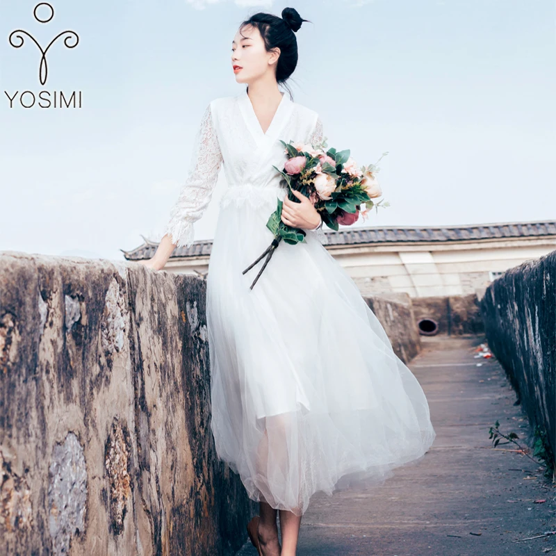 YOSIMI 2019 летнее женское платье вечернее миди винтажное кружевное и Сетчатое с v
