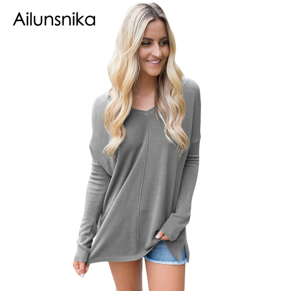 Ailunsnika V Neck Cashmere Sweater Long Sleeve Oversized Knitwear Women knitted sweater Winter Pullover jersey mujer invierno | Женская