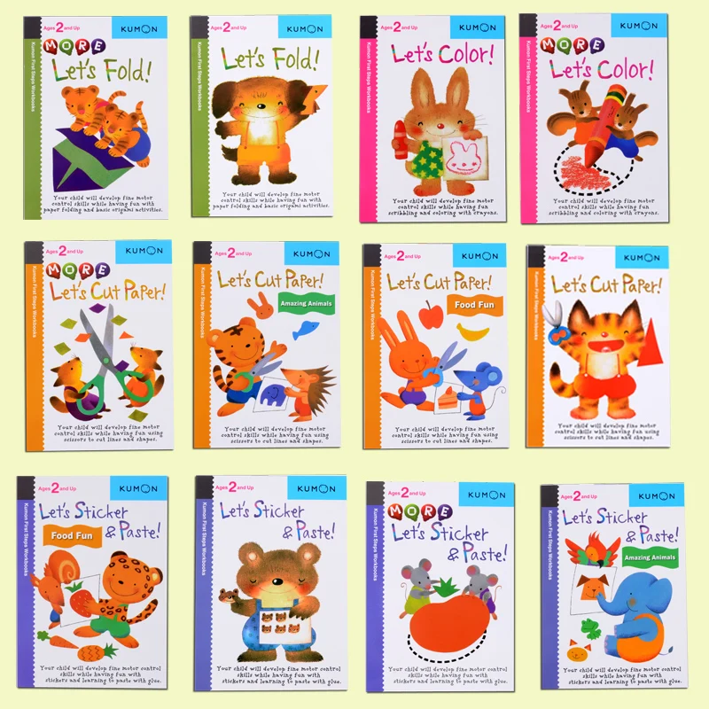 12 шт. кумон let's fold /let's color cut paper Sticker Book Kids English picture book baby gift |