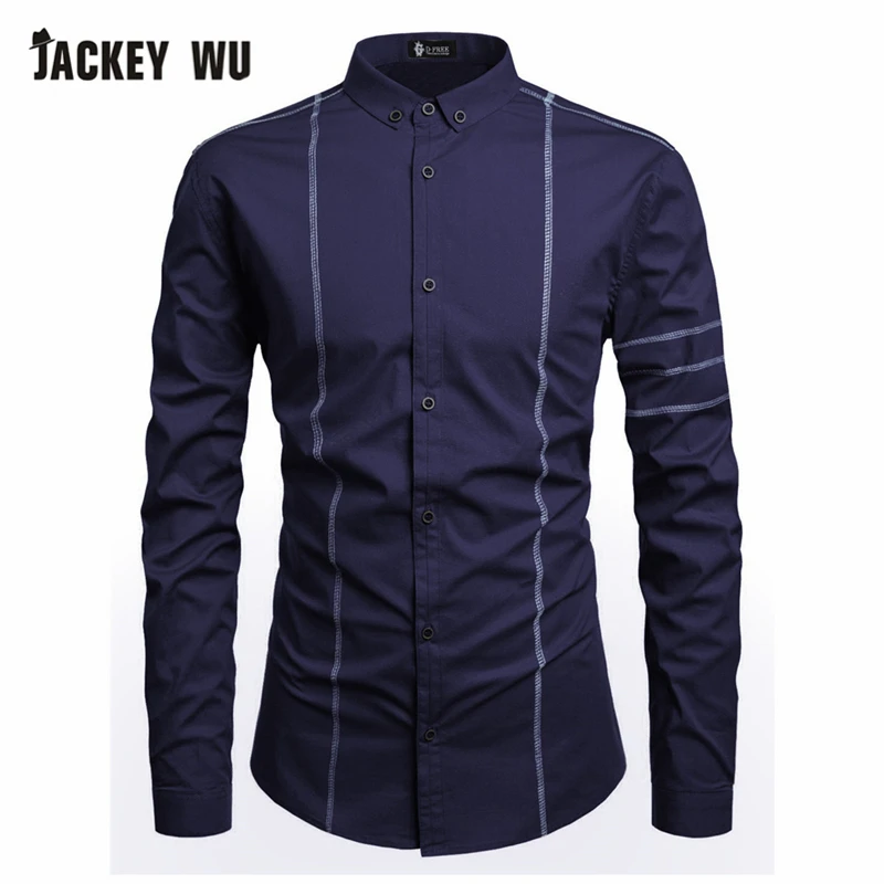 JACKEYWU Brand Dress Shirts Men 2019 Korean Fashion Line Stitch Long Sleeve Casual Shirt Cotton Business White Camisas Masculina | Мужская