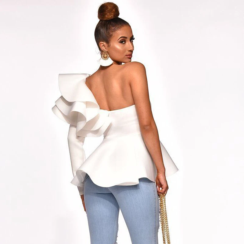 One Shoulder Zipper Up Peplum Ruffle Tops Women One Long Sleeve White Blouse Shirt Elegant Ladies Party Blouse Summer 2019