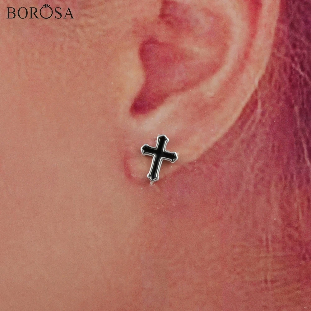 BOROSA 10 пар 92.5% чистого серебра 9x10 мм в форме Креста черные серьги-гвоздики