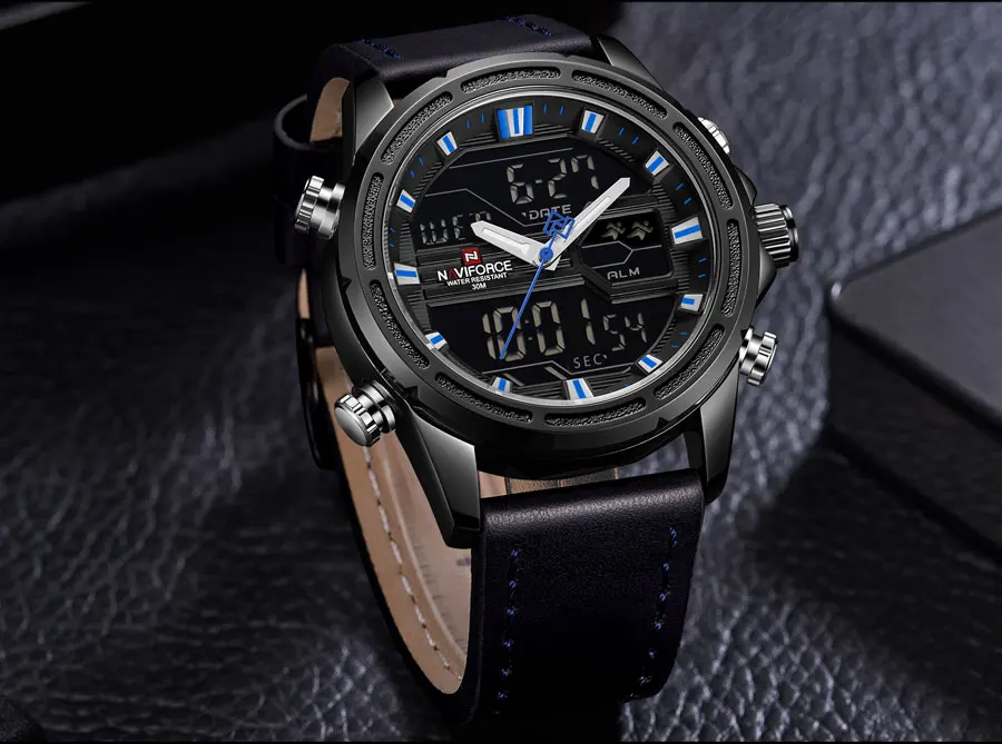 NAVIFORCE Мужские часы от бренда класса люкс мужские кожаные спортивные часы мужские кварцевые светодиодный цифровые часы водонепроницаемые военные наручные часы