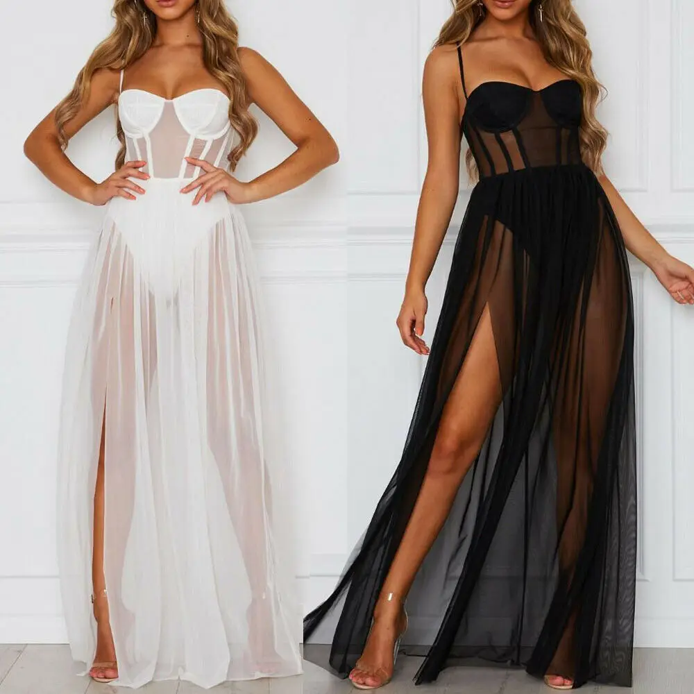 2020 NEW Sexy White Mesh Dress Women Perspective Evening Party Dress Sleeveless Backless Solid Black Long Ladies Summer Dresses sexy jewel neck backless sleeveless black dress for women