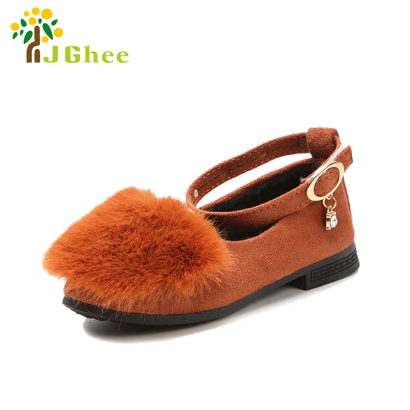 2019 Spring Autumn Winter Girls Shoes Princess Kids Flats Faux Fluffy Fur Children Cotton Ankle Strap Rhinestone | Детская одежда и