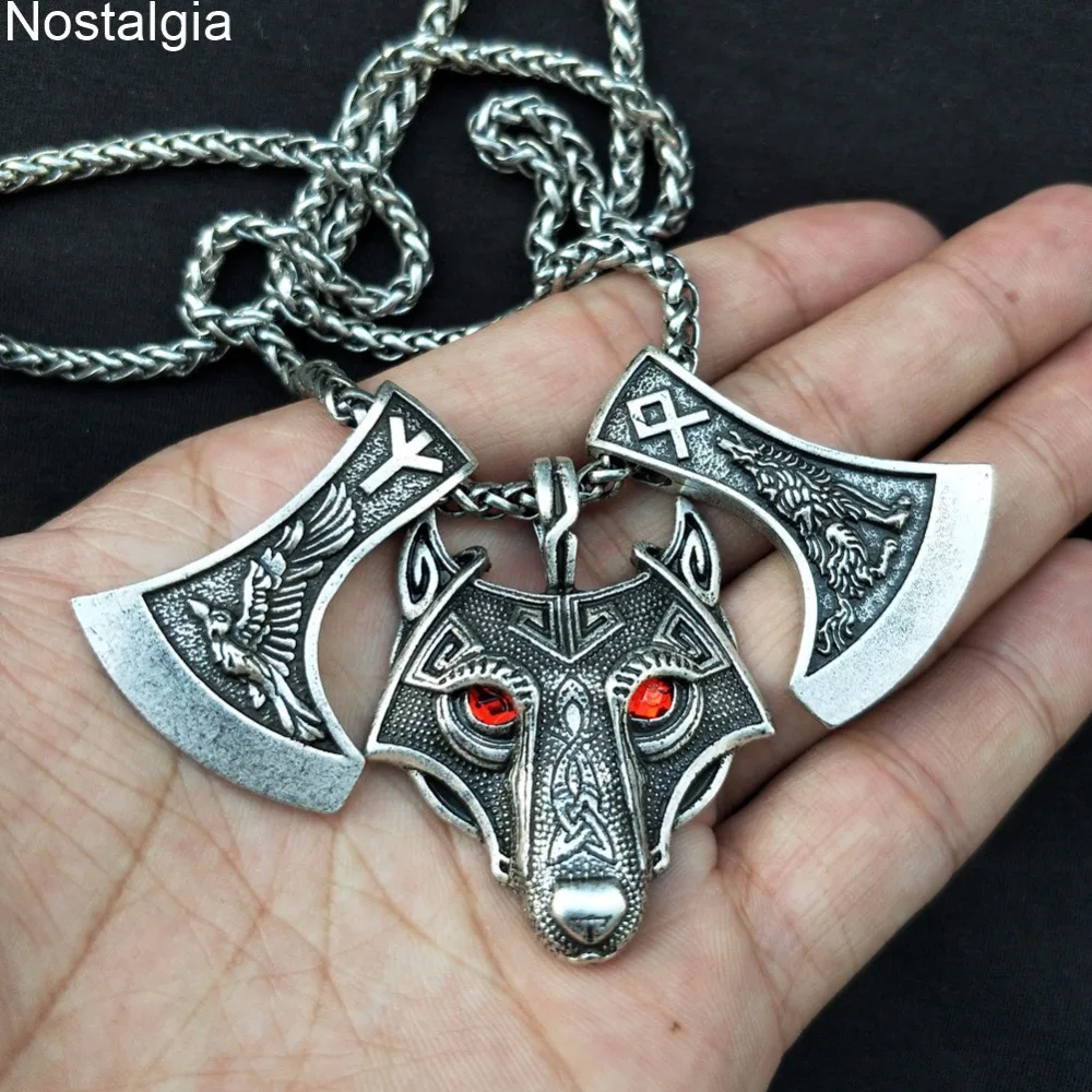 Ностальгия Goth Wolf и Raven гравировка на Славянском топор Perun Runes отала ALGIZ колье с
